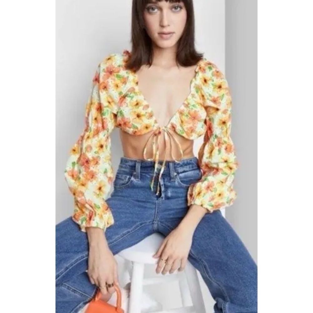 Wild Fable Floral Crop Eyelet Milkmaid Top Size S